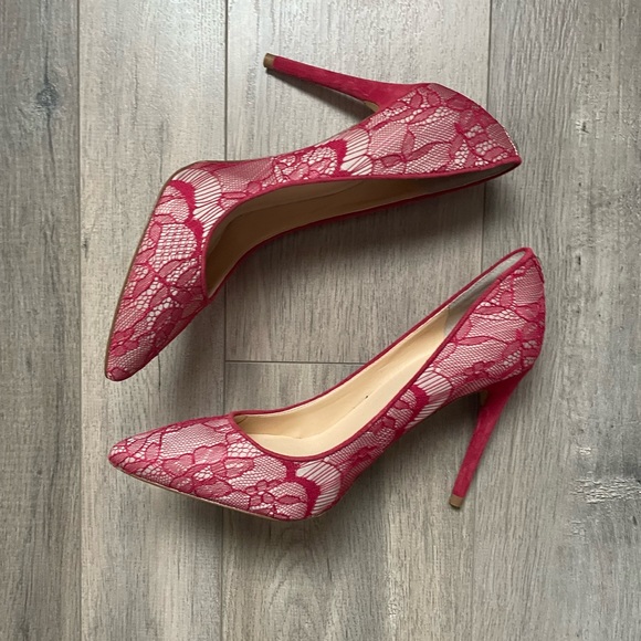 Shoes - BOGO Stunning Red Floral Lace Heels NWOT